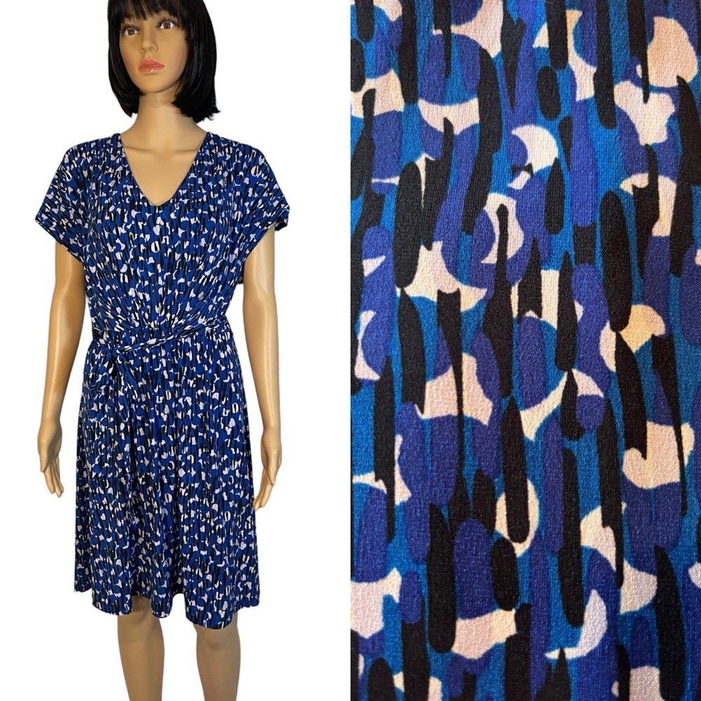 Coldwater Creek 14 Blue Print Polyester Knit Sleeveless Knee-length V-neck Dress